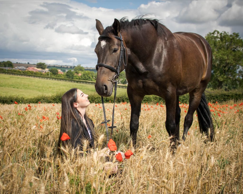 Horse photoshoot with girl sat in poppies